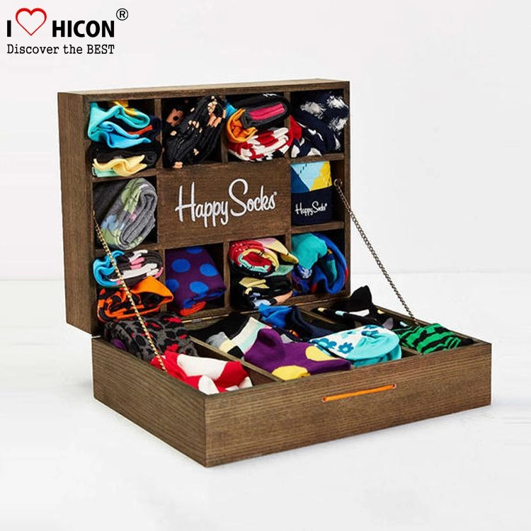 Happy Customized Wood Brown Counter Top Sock Display Foot Case