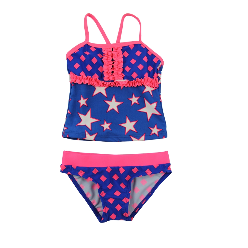 Stars Blue & Pink Girls Tankini Set Đồ bơi đi biển Ruffles