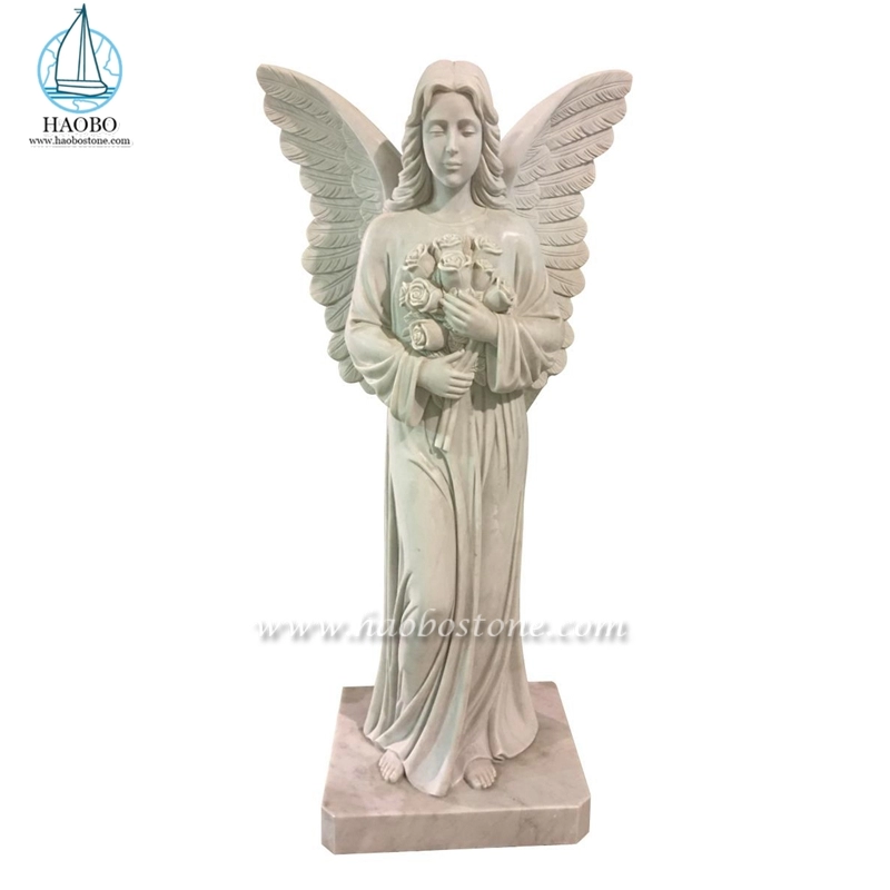 Tượng thiên thần cầm hoa bằng đá cẩm thạch màu be phong cách châu Âu