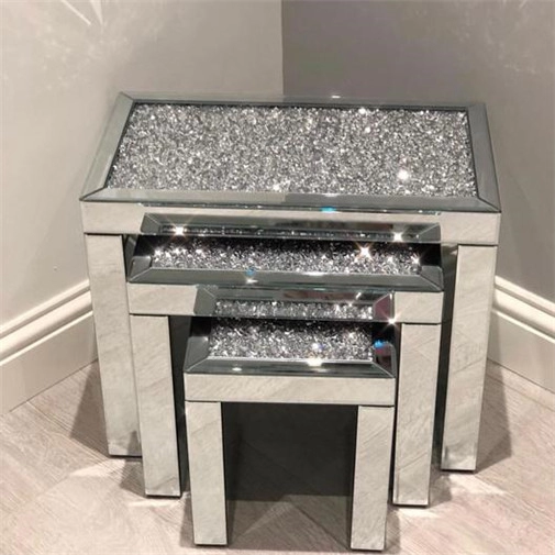 SWT Luxury Diamond Crush Nest Of 3 Mirrored Side Table