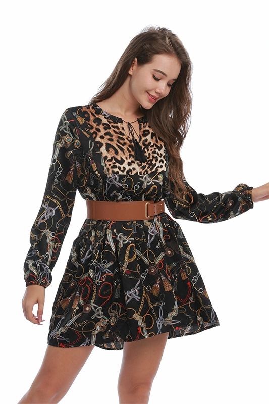 Chất lượng cao Tùy chỉnh Satin Lỏng Màu đen Sexy Leopard Print Thời trang Áo dài Váy Phụ nữ Quần áo Trang phục Phụ nữ