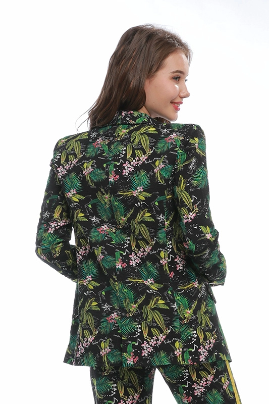 Áo dài tay mỏng màu xanh lá cây chất lượng cao in hoa dệt kim dành cho nữ Áo khoác blazer nữ