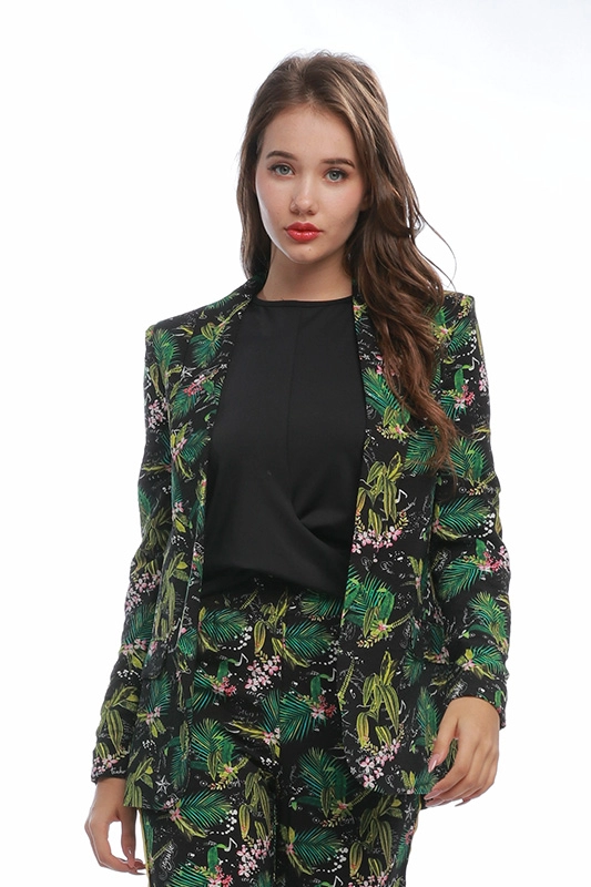 Áo dài tay mỏng màu xanh lá cây chất lượng cao in hoa dệt kim dành cho nữ Áo khoác blazer nữ